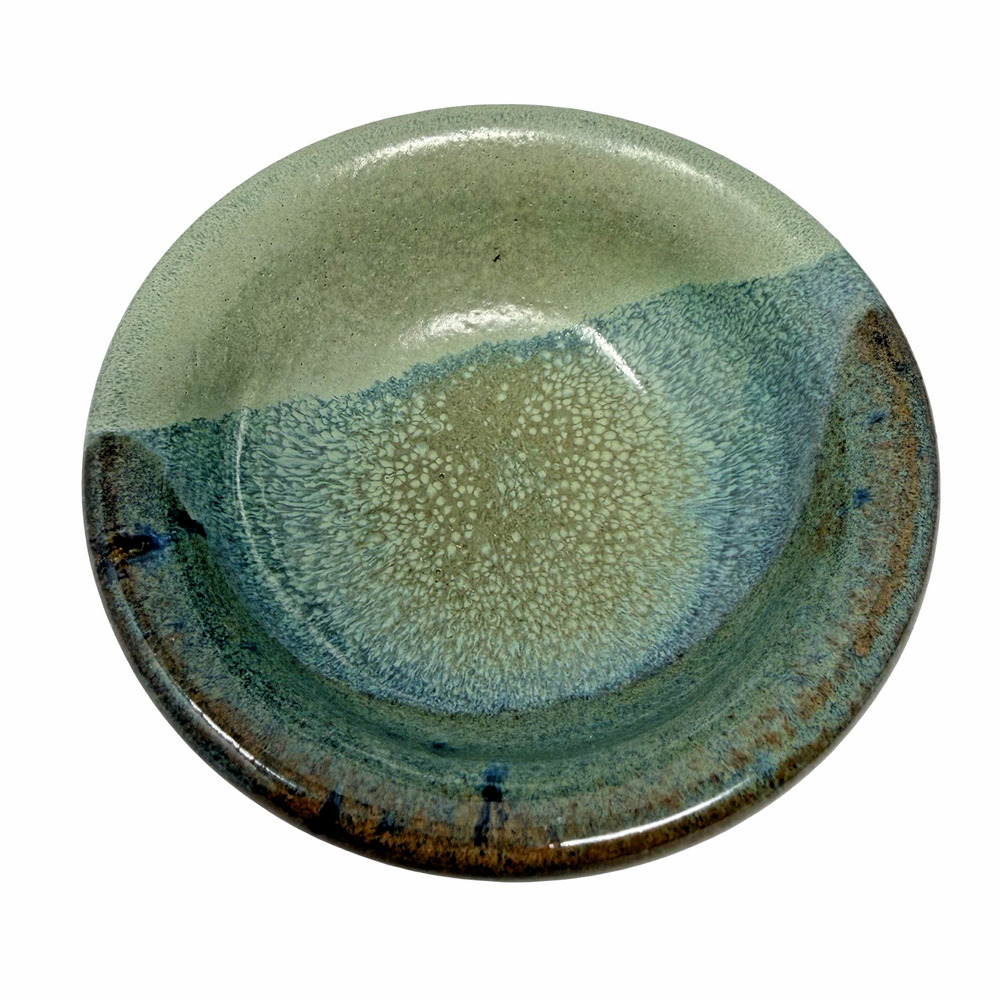 Handmade Studio Pottery Bowl Blue Green Drip Glaze Ceramic Dish Artisan Signed